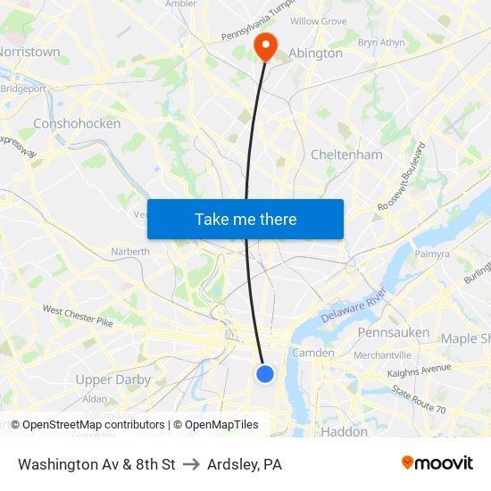 Washington Av & 8th St to Ardsley, PA map