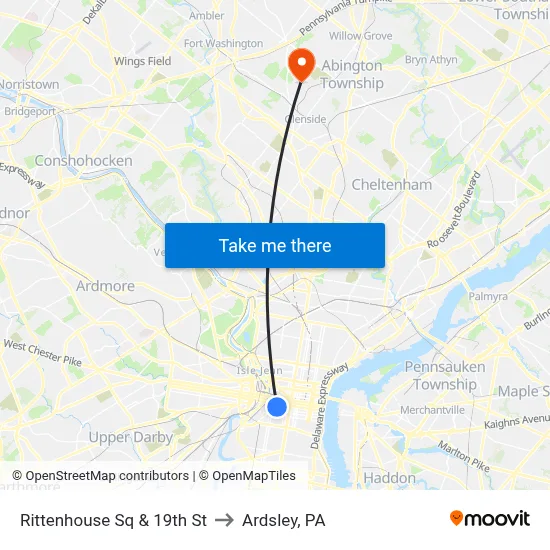 Rittenhouse Sq & 19th St to Ardsley, PA map