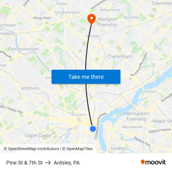 Pine St & 7th St to Ardsley, PA map