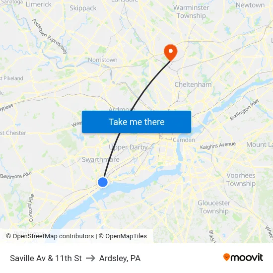 Saville Av & 11th St to Ardsley, PA map