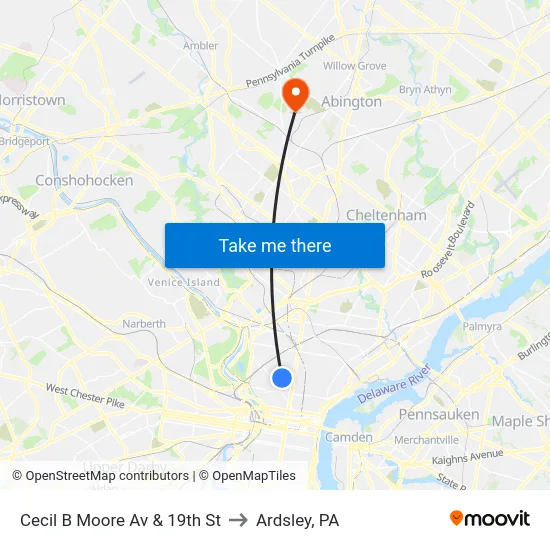 Cecil B Moore Av & 19th St to Ardsley, PA map