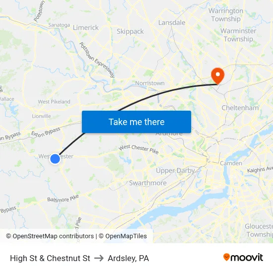 High St & Chestnut St to Ardsley, PA map