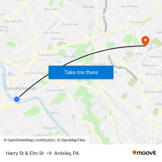 Harry St & Elm St to Ardsley, PA map