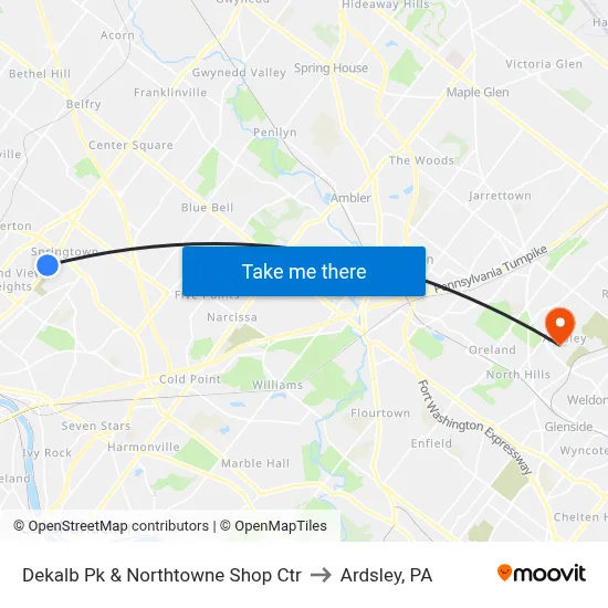 Dekalb Pk & Northtowne Shop Ctr to Ardsley, PA map