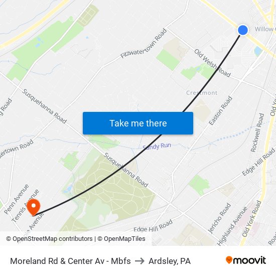Moreland Rd & Center Av - Mbfs to Ardsley, PA map