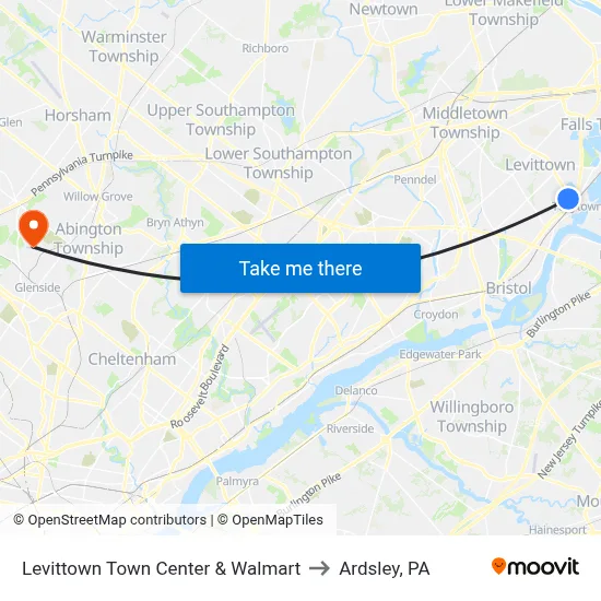 Levittown Town Center & Walmart to Ardsley, PA map