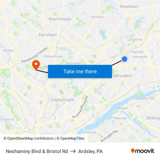 Neshaminy Blvd & Bristol Rd to Ardsley, PA map