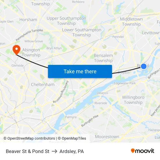 Beaver St & Pond St to Ardsley, PA map
