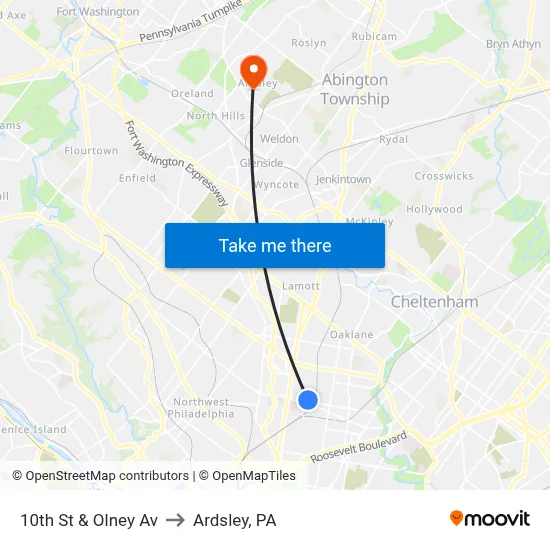10th St & Olney Av to Ardsley, PA map