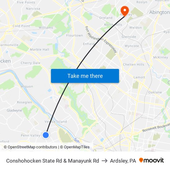 Conshohocken State Rd & Manayunk Rd to Ardsley, PA map