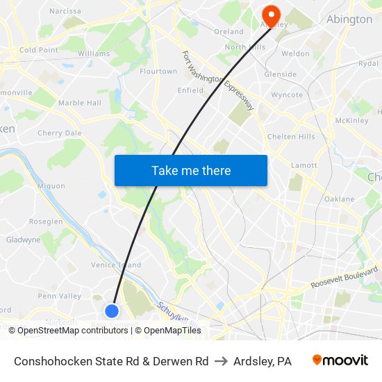 Conshohocken State Rd & Derwen Rd to Ardsley, PA map