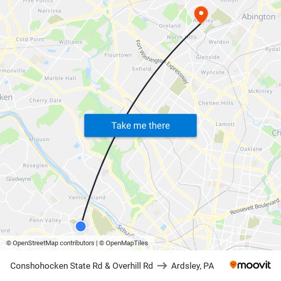 Conshohocken State Rd & Overhill Rd to Ardsley, PA map