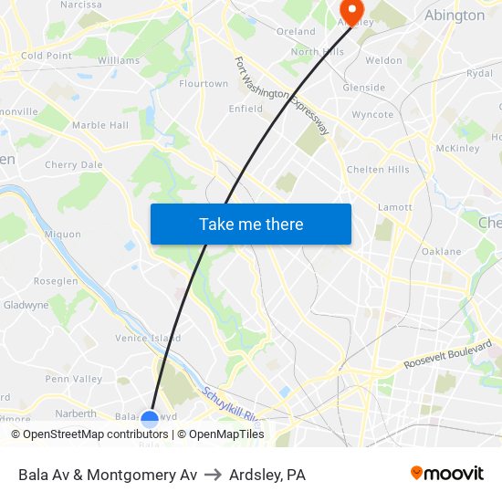Bala Av & Montgomery Av to Ardsley, PA map