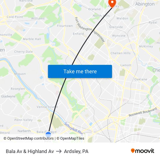 Bala Av & Highland Av to Ardsley, PA map