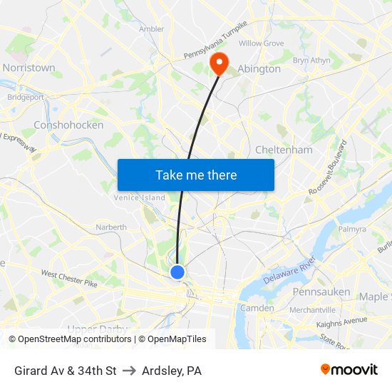 Girard Av & 34th St to Ardsley, PA map