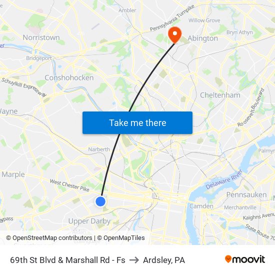 69th St Blvd & Marshall Rd - Fs to Ardsley, PA map