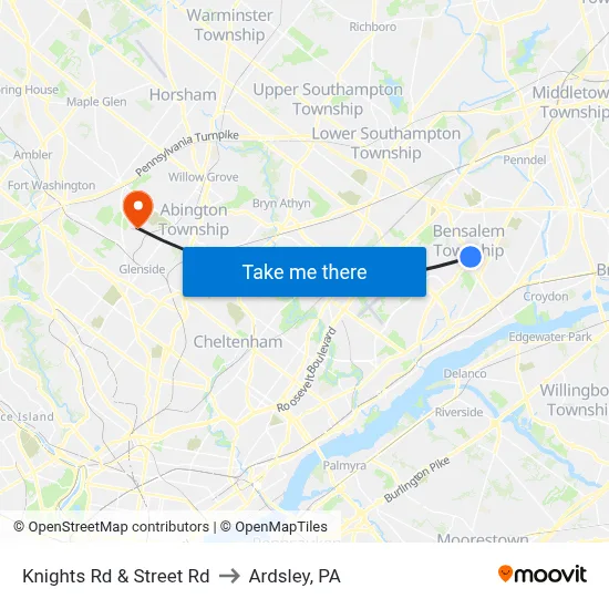 Knights Rd & Street Rd to Ardsley, PA map