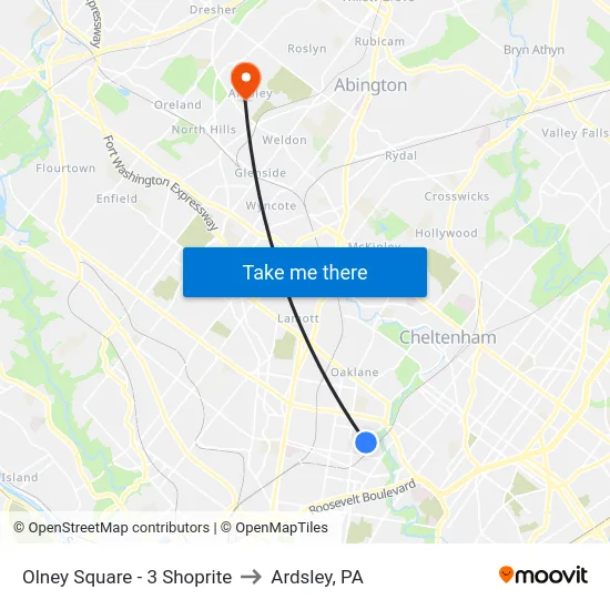 Olney Square - 3 Shoprite to Ardsley, PA map