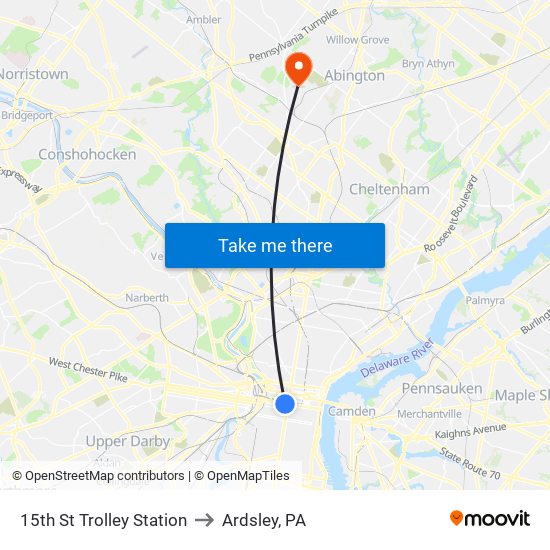 15th St Trolley Station to Ardsley, PA map