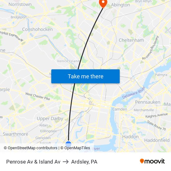 Penrose Av & Island Av to Ardsley, PA map