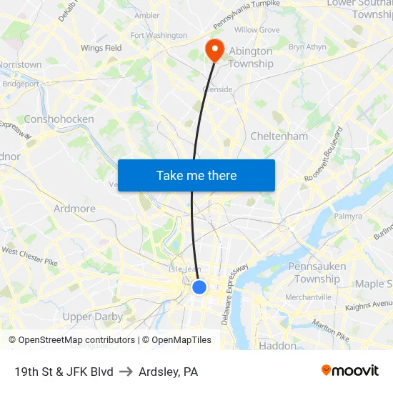 19th St & JFK Blvd to Ardsley, PA map