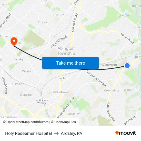 Holy Redeemer Hospital to Ardsley, PA map