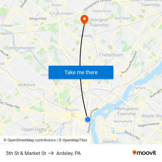 5th St & Market St to Ardsley, PA map