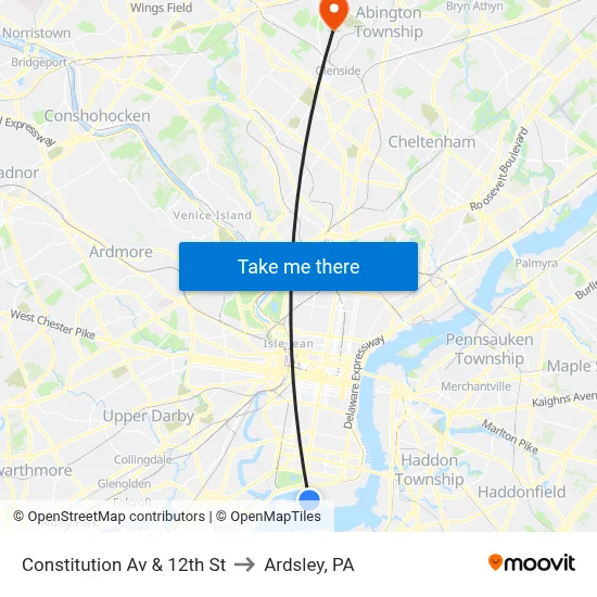 Constitution Av & 12th St to Ardsley, PA map