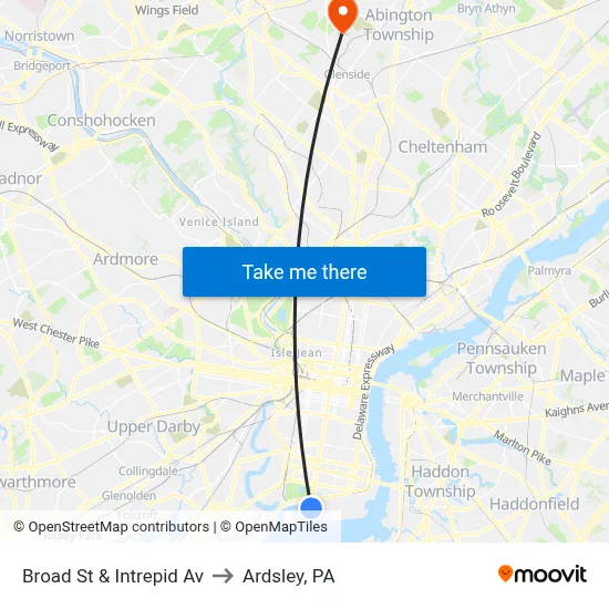 Broad St & Intrepid Av to Ardsley, PA map