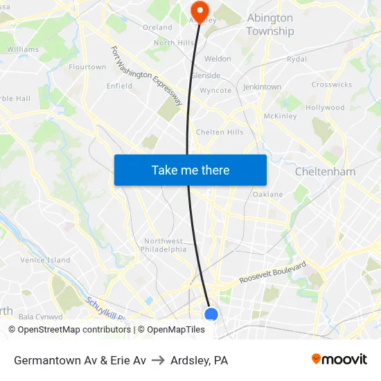 Germantown Av & Erie Av to Ardsley, PA map