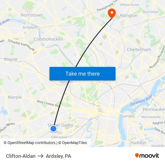 Clifton-Aldan to Ardsley, PA map