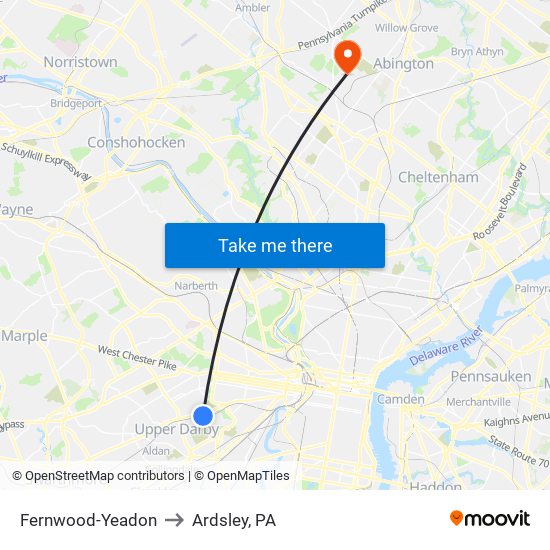 Fernwood-Yeadon to Ardsley, PA map