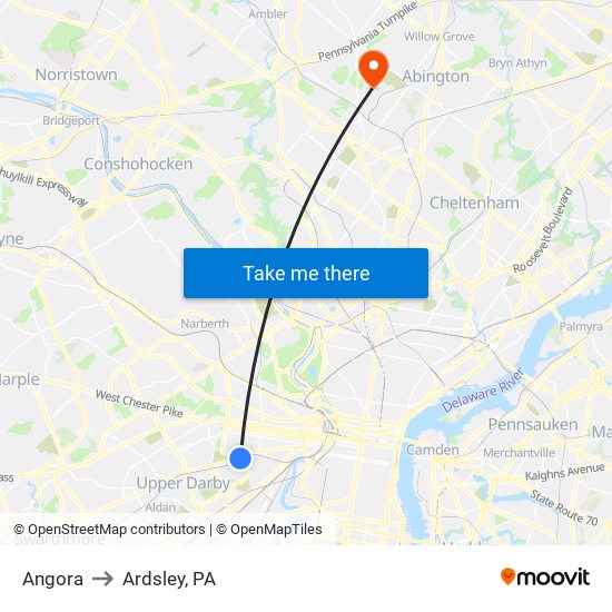 Angora to Ardsley, PA map