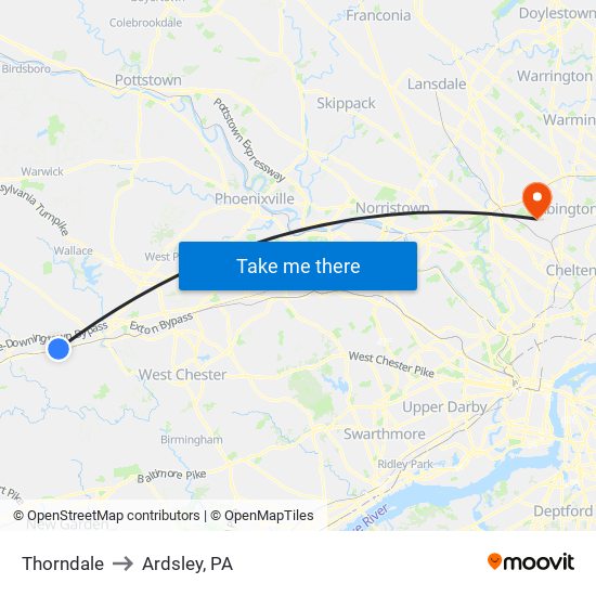 Thorndale to Ardsley, PA map