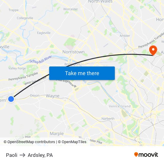 Paoli to Ardsley, PA map