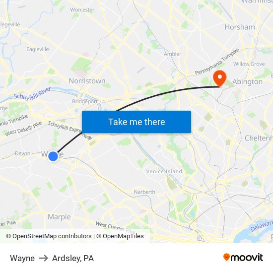Wayne to Ardsley, PA map