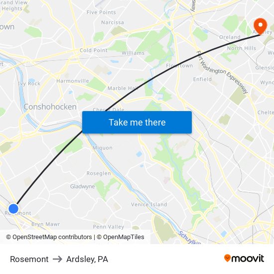 Rosemont to Ardsley, PA map