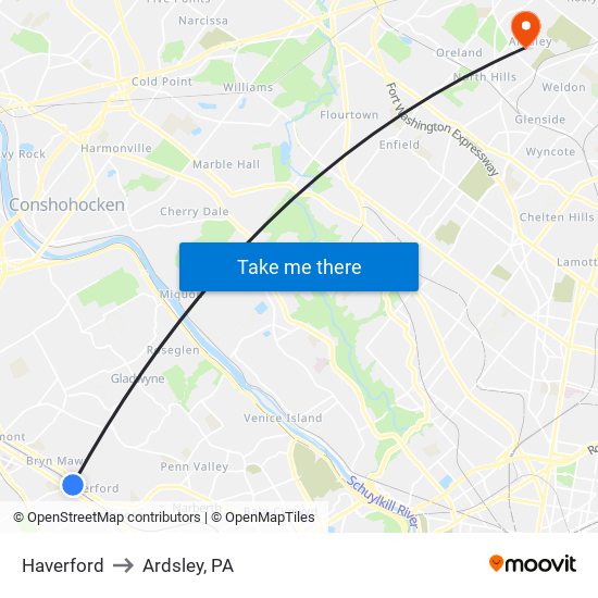 Haverford to Ardsley, PA map
