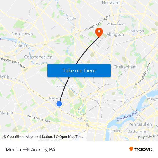 Merion to Ardsley, PA map