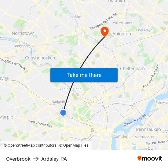 Overbrook to Ardsley, PA map