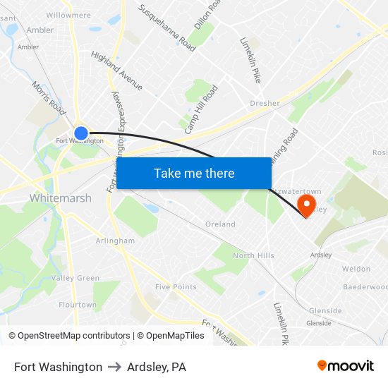 Fort Washington to Ardsley, PA map