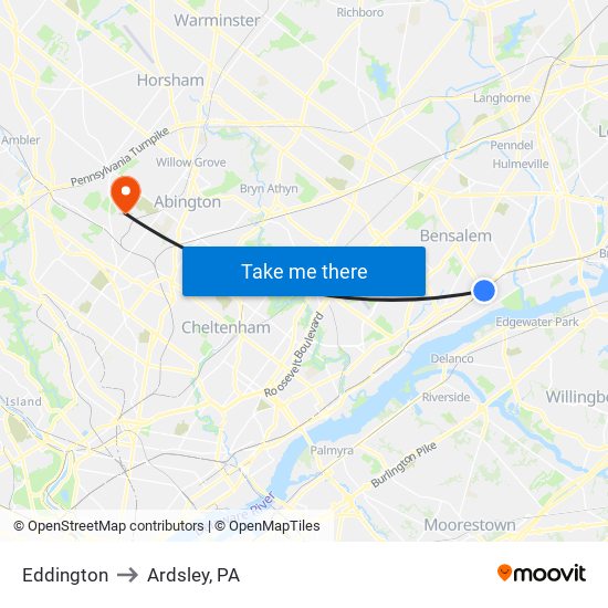 Eddington to Ardsley, PA map