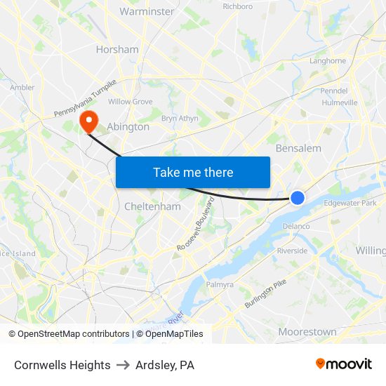 Cornwells Heights to Ardsley, PA map