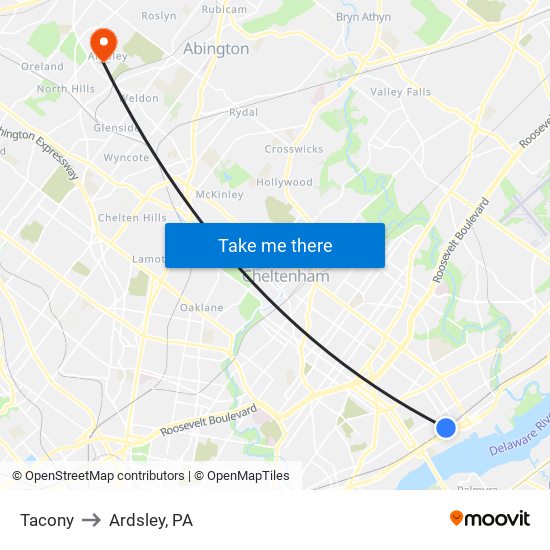 Tacony to Ardsley, PA map