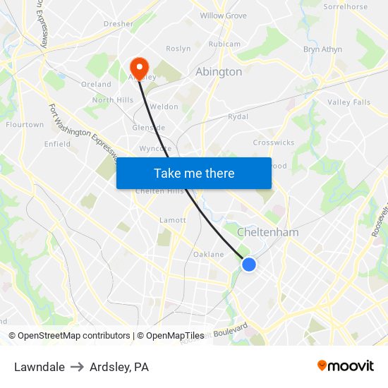 Lawndale to Ardsley, PA map