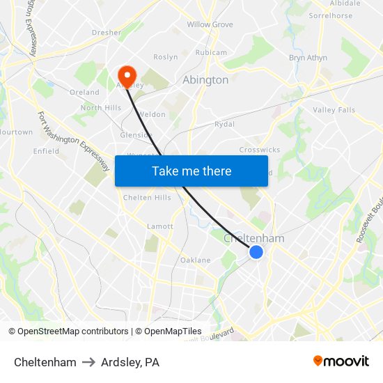 Cheltenham to Ardsley, PA map