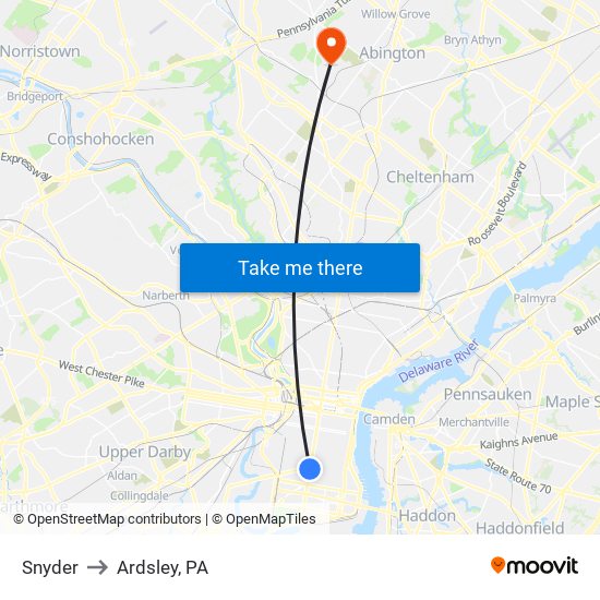 Snyder to Ardsley, PA map