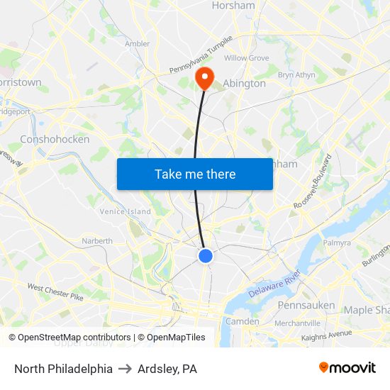 North Philadelphia to Ardsley, PA map