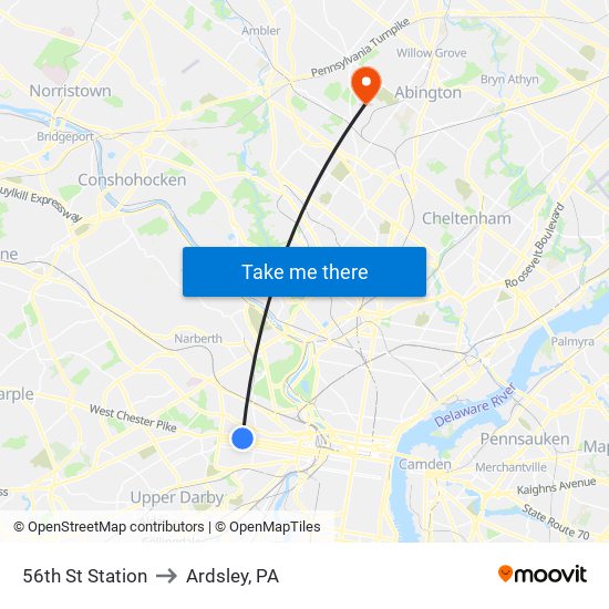 56th St Station to Ardsley, PA map