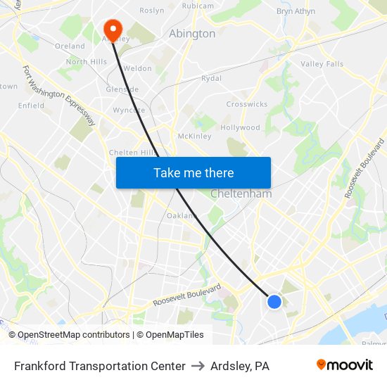 Frankford Transportation Center to Ardsley, PA map